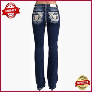 Mid-Rise Bootcut Jeans with Embellished Pockets, Floral Longhorn Design